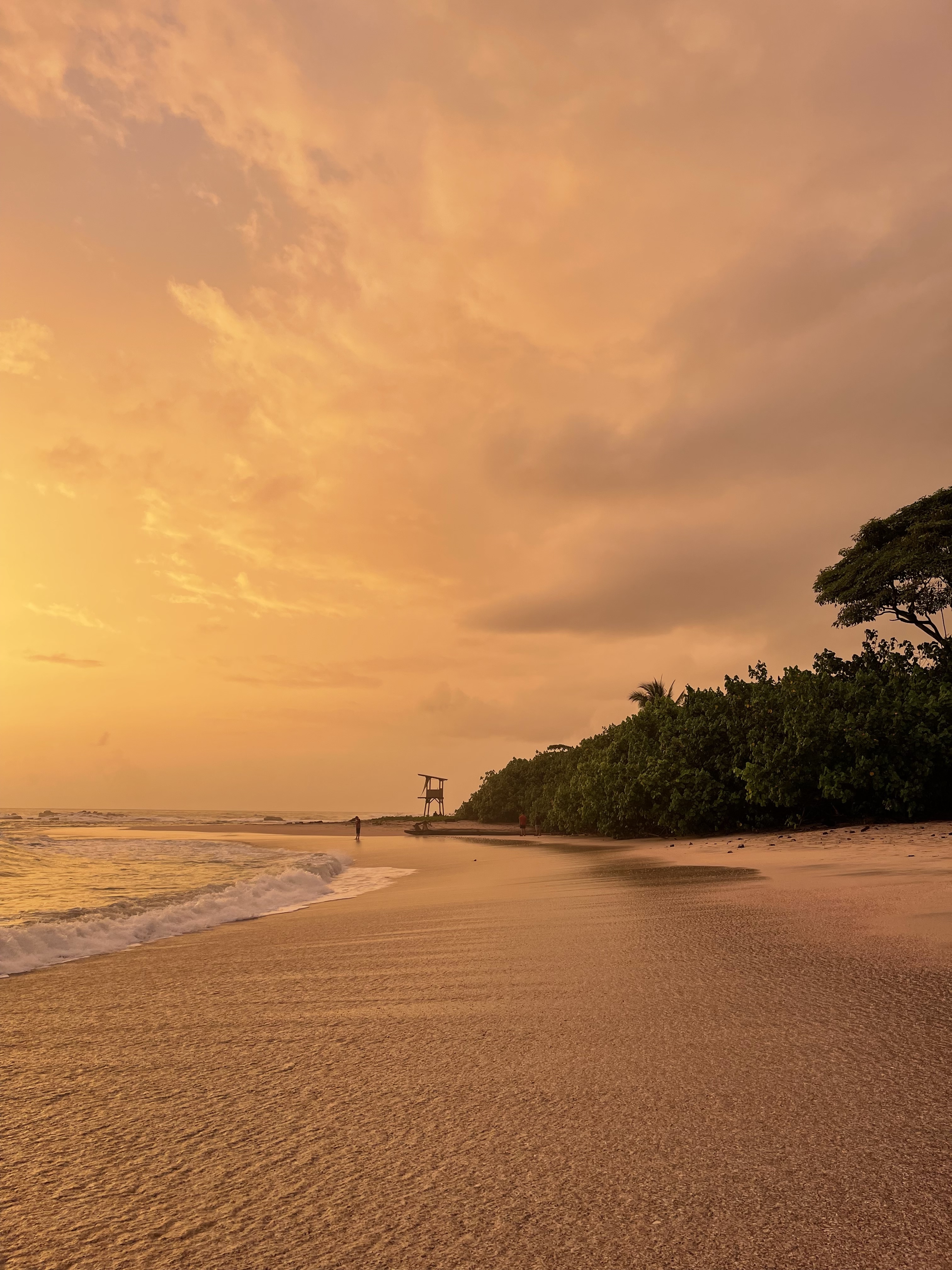 Golden sunset over Nosara beach with gentle waves