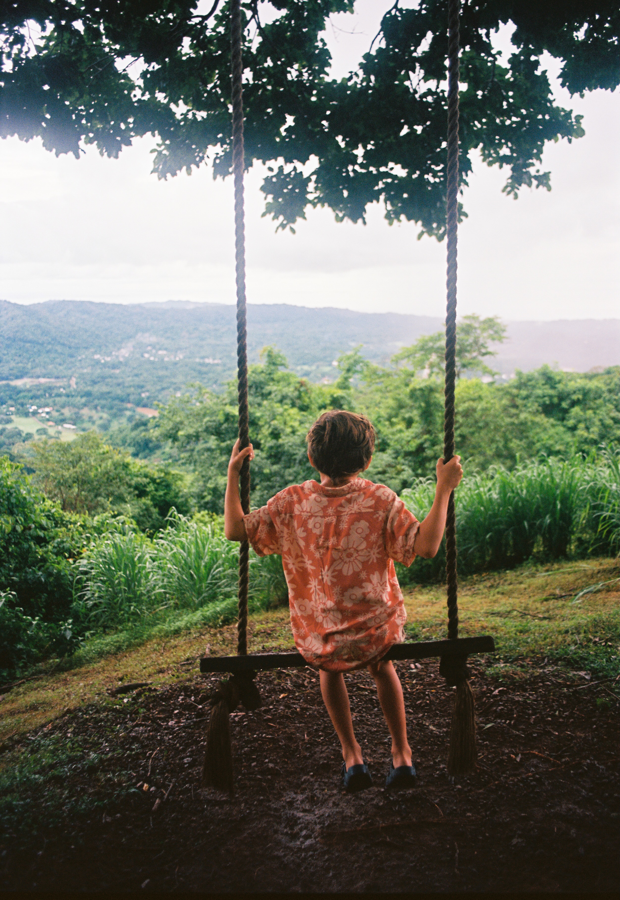 Child sitting on a rope swing overlooking the jungle and ocean at Coyol restaurant in Nosara