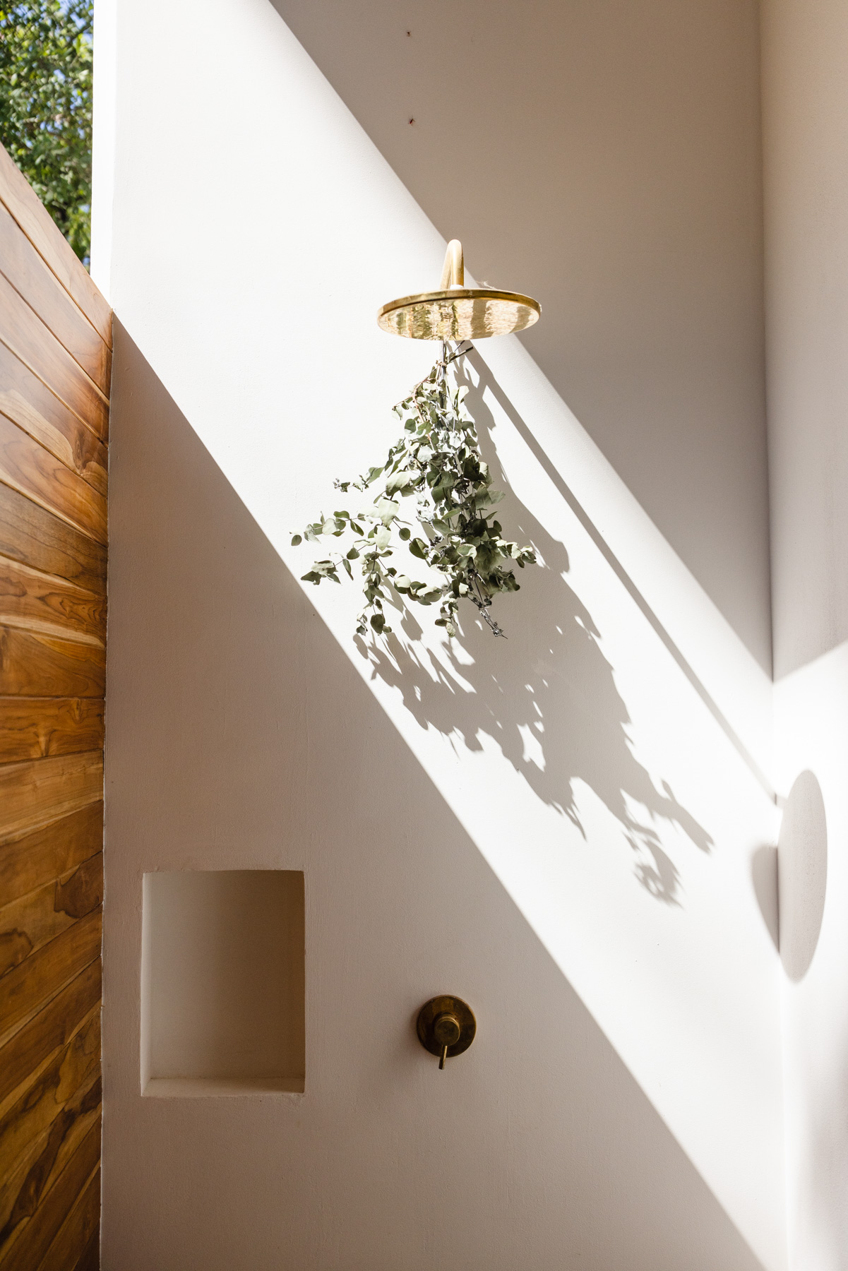 Outdoor rain shower with brass fixtures and eucalyptus
